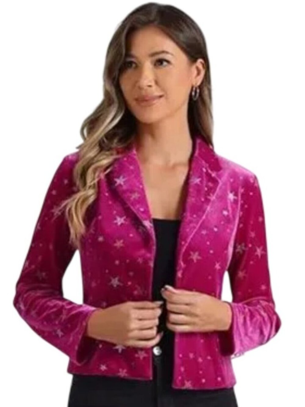 Allegra K Fuchsia Star-Print Velvet Blazer